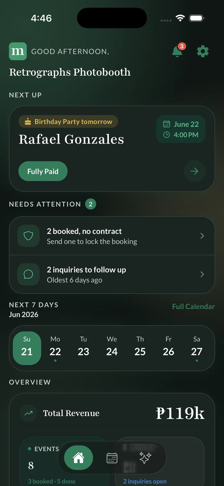 Momento mobile dashboard showing upcoming events, payments, and follow-ups