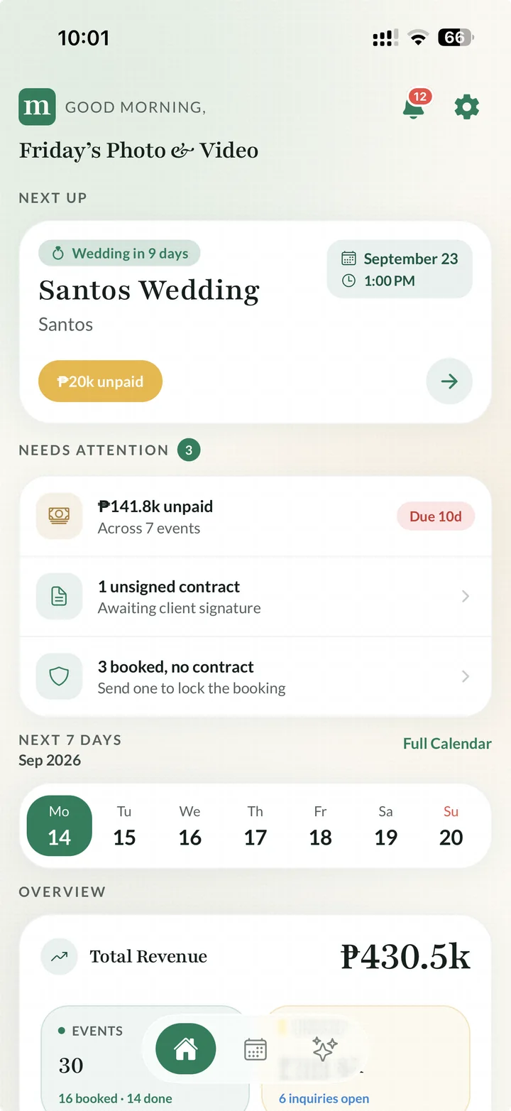 Momento home screen showing the next booking, unpaid balances, and bookings that still need a contract