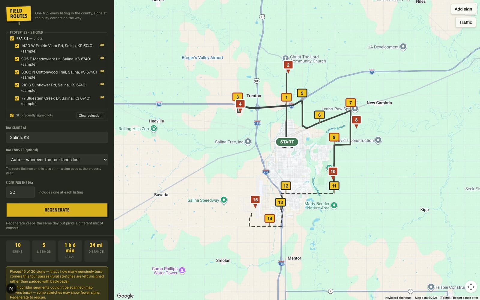 Route generator web app showing a mapped field tour with numbered stops